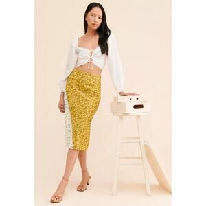 Anthropologie Hutch Yellow Cream Floral Spliced Slip Skirt US 8